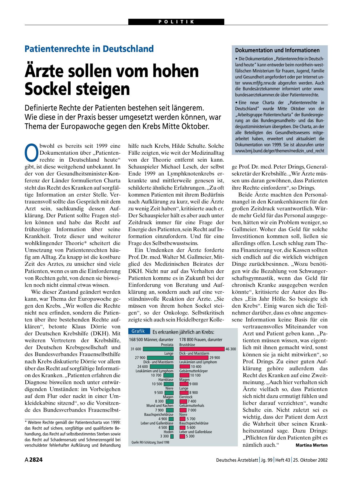 Vorschauseite 1: Patientenrechte in Deutschland Ärzte sollen vom hohen Sockel steigen