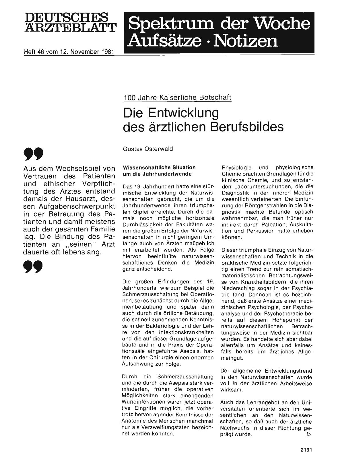 Vorschauseite 1: 100 Jahre Kaiserliche Botschaft: Die Entwicklung des ärztlichen Berufsbildes