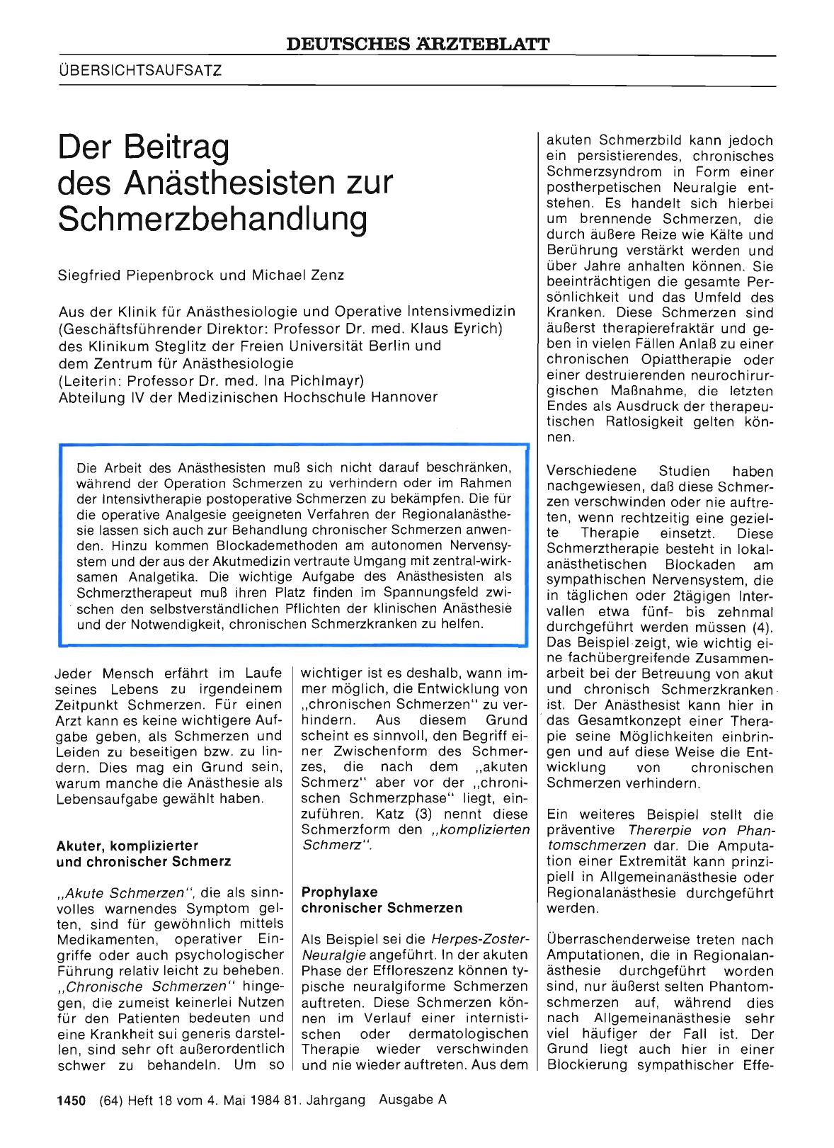 Vorschauseite 1: Der Beitrag des Anästhesisten zur Schmerzbehandlung