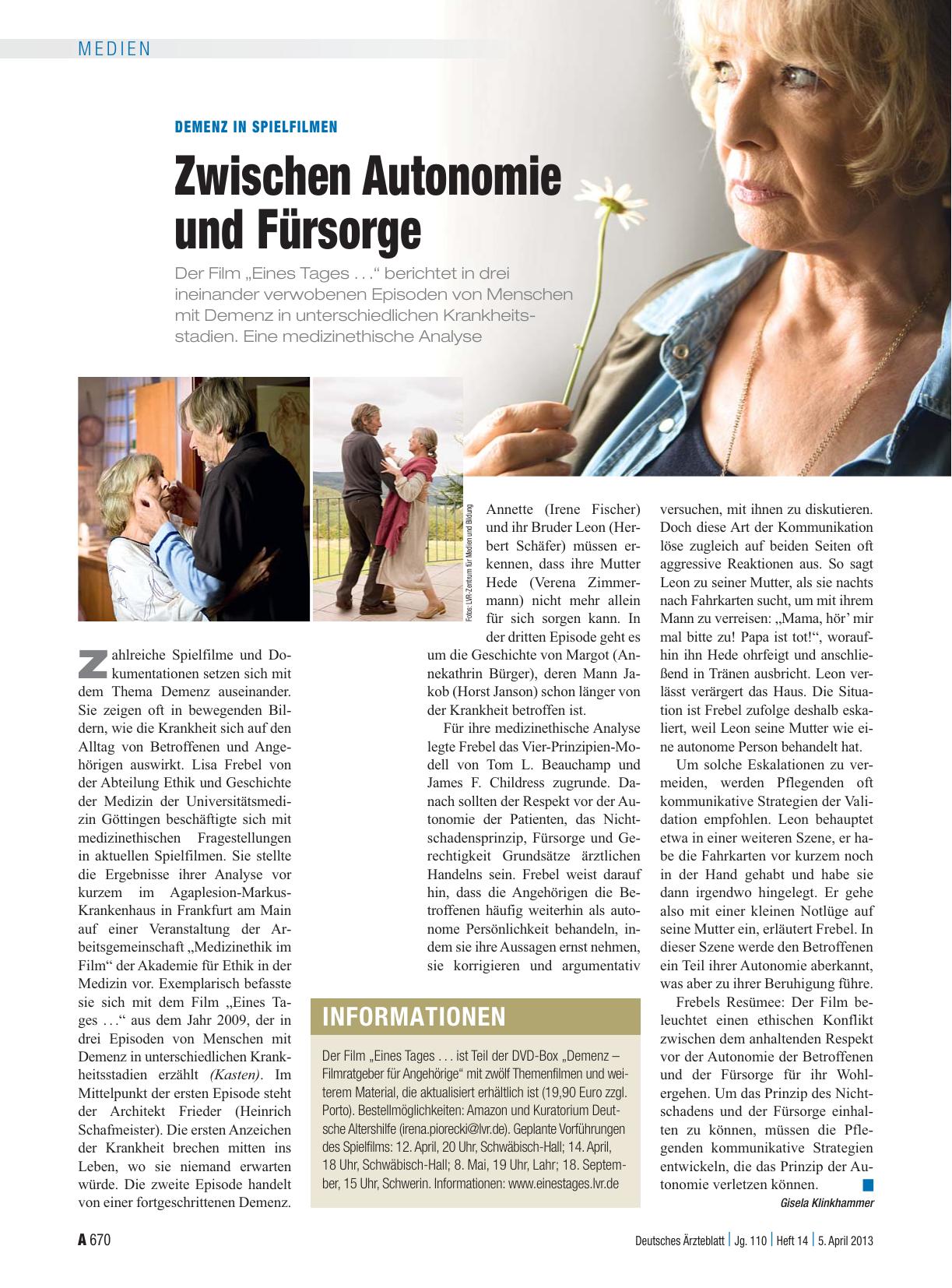 Vorschauseite 1: Demenz in Spielfilmen: Zwischen Autonomie und Fürsorge