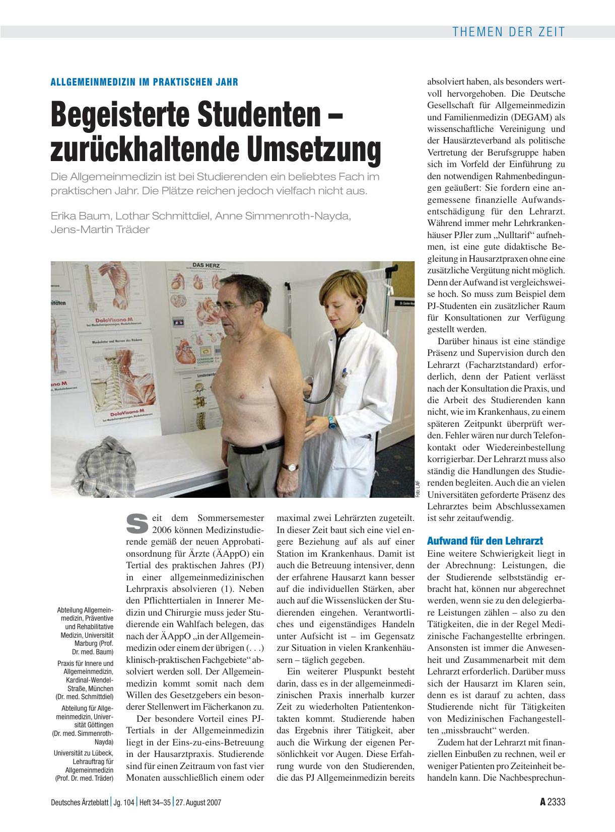 Vorschauseite 1: Allgemeinmedizin im praktischen Jahr: Begeisterte Studenten – zurückhaltende Umsetzung