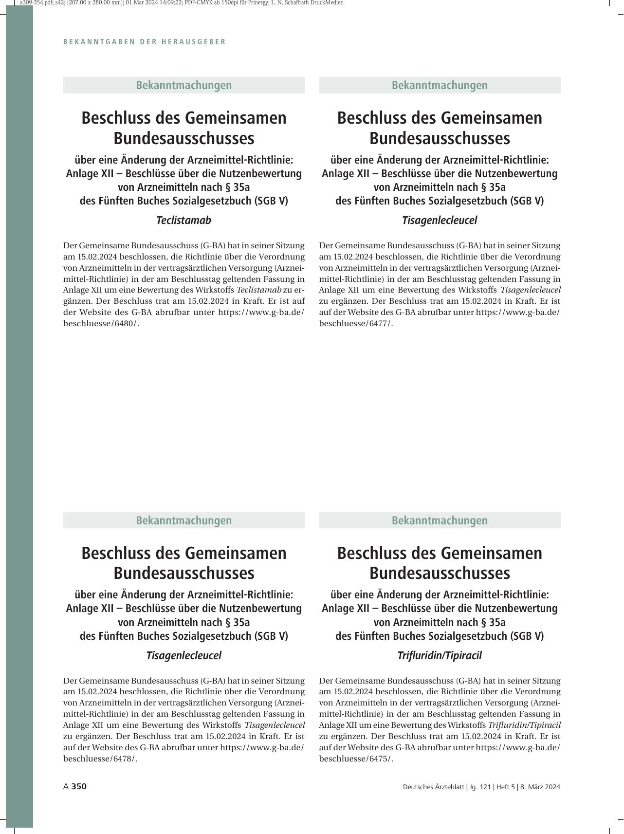 Vorschauseite 1: Beschluss des Gemeinsamen Bundesausschusses über eine Änderung der Arzneimittel-Richtlinie: Tisagenlecleucel