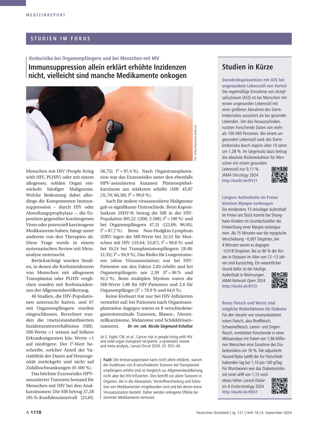 Vorschauseite 1: Krebsrisiko bei Organempfängern und bei Menschen mit HIV: Immunsuppression allein erklärt erhöhte Inzidenzen nicht, vielleicht sind manche Medikamente onkogen.