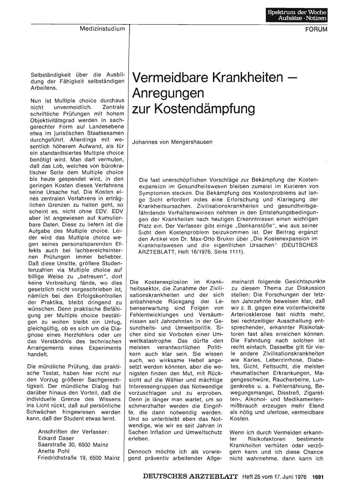 Vorschauseite 1: Vermeidbare Krankheiten — Anregungen zur Kostendämpfung