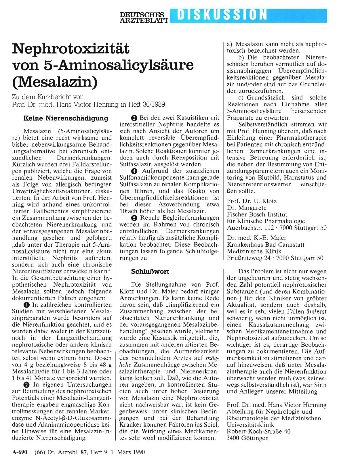 Vorschauseite 1: Nephrotoxizität von 5-Aminosalicylsäure (Mesalazin): Schlußwort