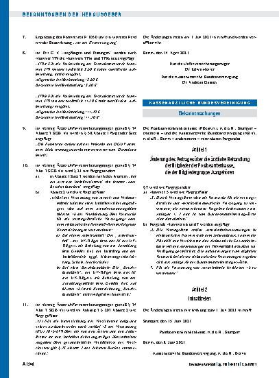 Vorschauseite 1: Änderung des Vertrages über die ärztliche Behandlung der Mitglieder der Postbeamtenkasse, die der Mitgliedergruppe A angehören