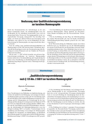 Vorschauseite 1: Bekanntmachungen: „Qualitätssicherungsvereinbarung nach § 135 Abs. 2 SGB V zur kurativen Mammographie“