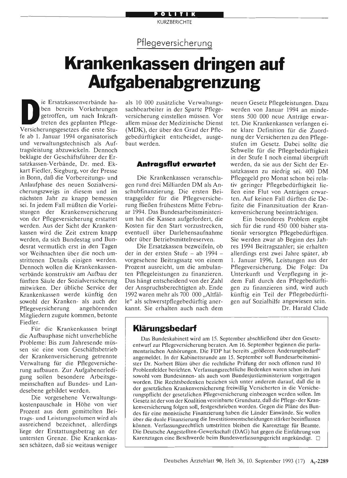 Vorschauseite 1: Pflegeversicherung: Krankenkassen dringen auf Aufgabenabgrenzung