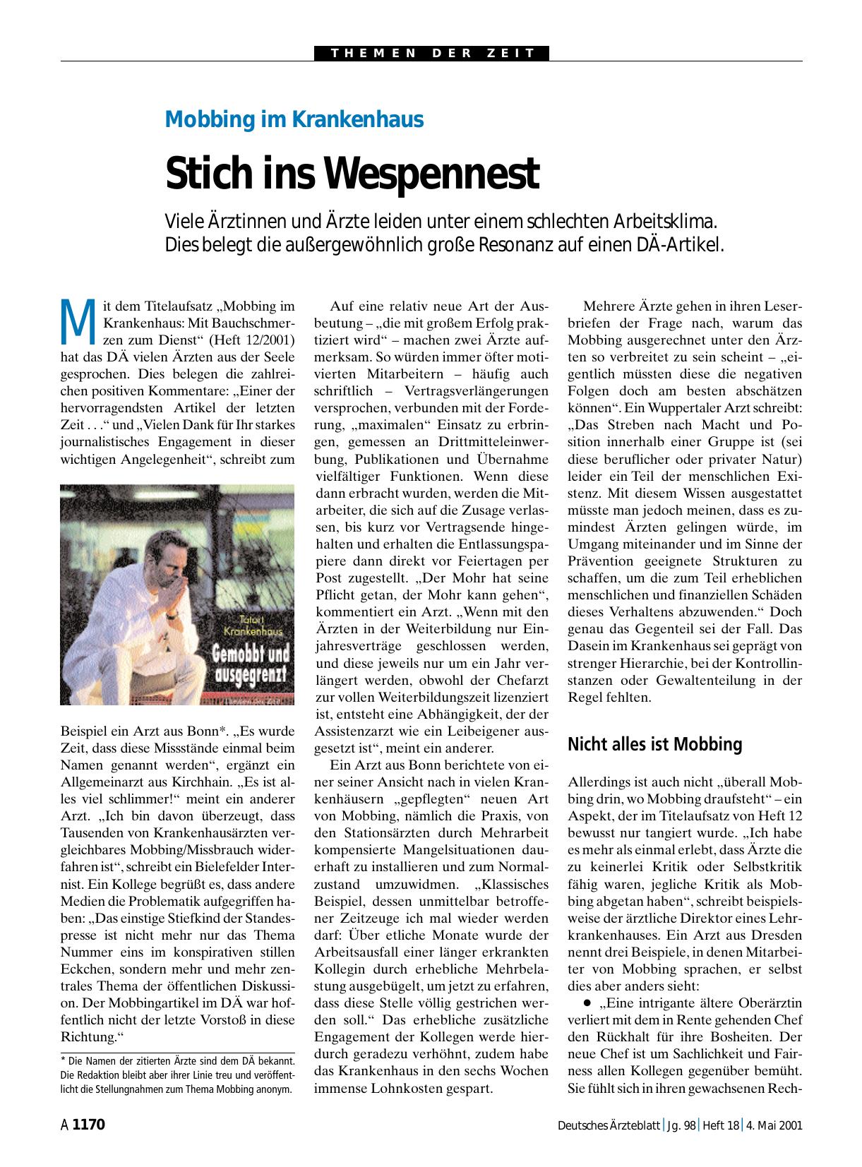 Vorschauseite 1: Mobbing im Krankenhaus: Stich ins Wespennest