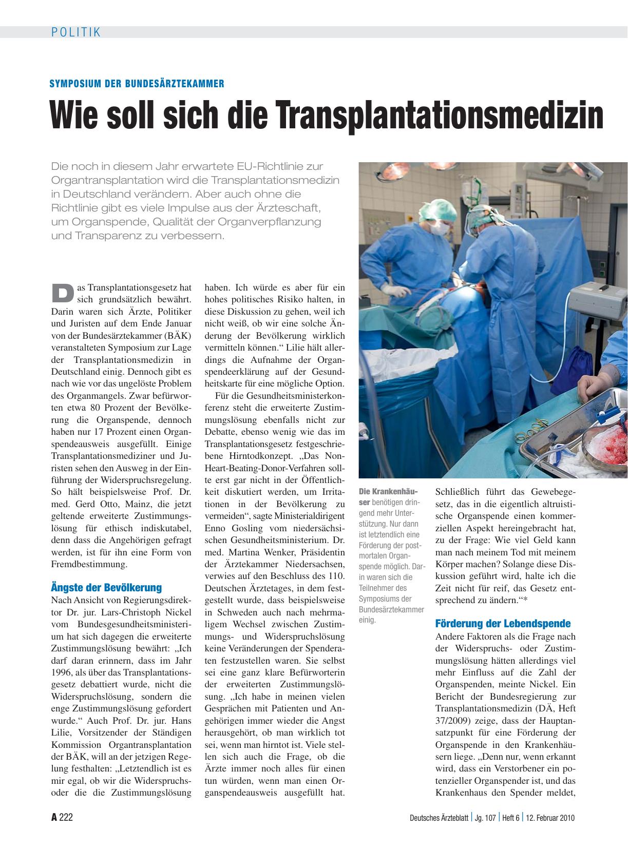 Vorschauseite 1: Symposium der Bundesärztekammer: Wie soll sich die Transplantationsmedizin entwickeln?