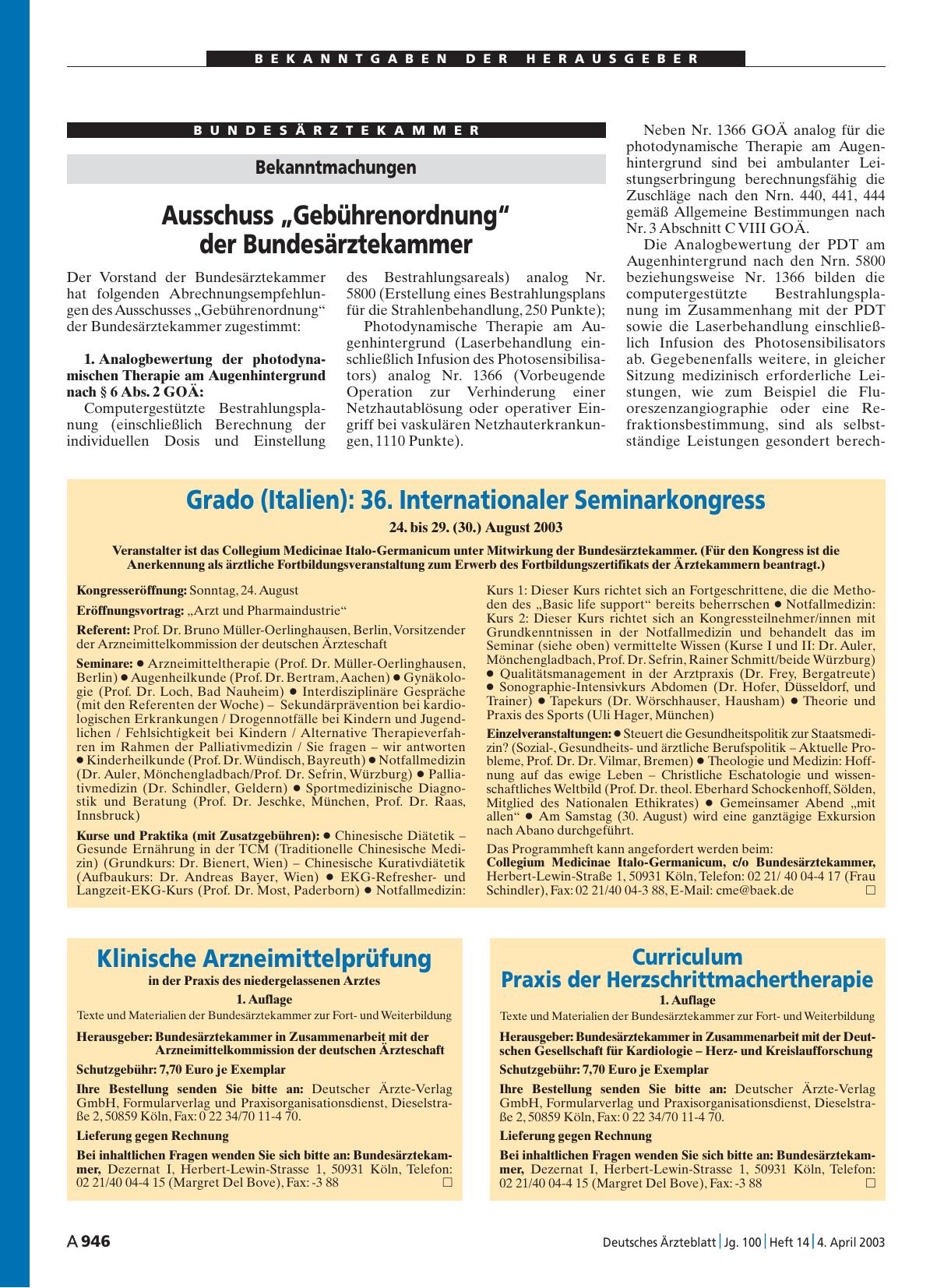 Vorschauseite 1: Grado (Italien) – 36. Internationaler Seminarkongress: 24. bis 29. (30. ) August 2003