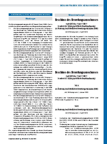 Vorschauseite 1: Beschluss des Bewertungsausschusses nach § 87 Abs. 1 Satz 1 SGB V in seiner 635. Sitzung (schriftliche Beschlussfassung) zur Änderung des Einheitlichen Bewertungsmaßstabes (EBM) T…