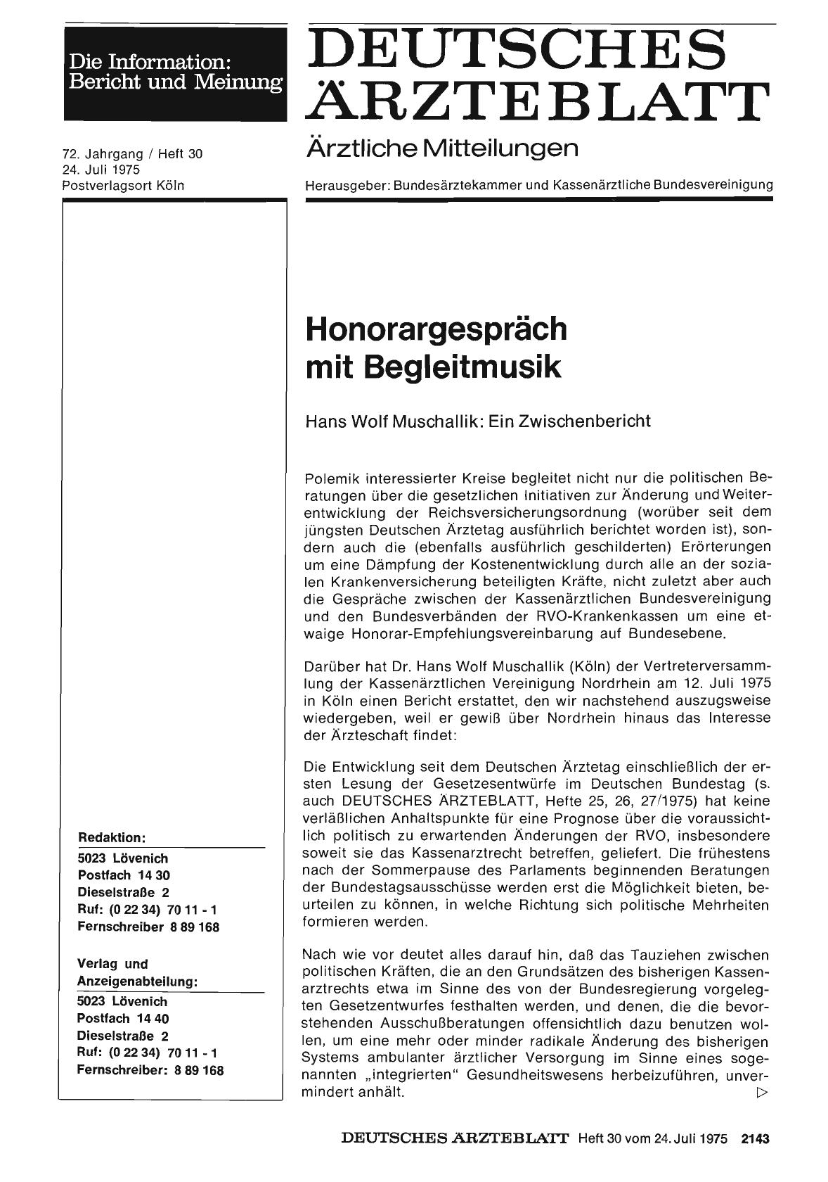 Vorschauseite 1: Honorargespräch mit Begleitmusik: Hans Wolf Muschallik: Ein Zwischenbericht