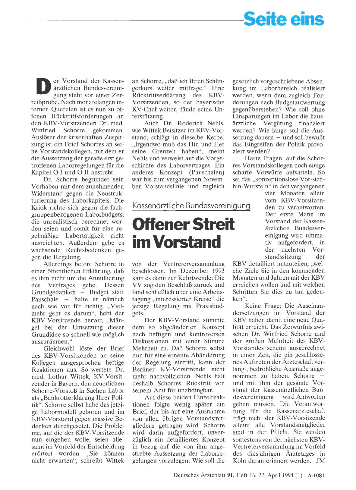 Vorschauseite 1: Kassenärztliche Bundesvereinigung: Offener Streit im Vorstand