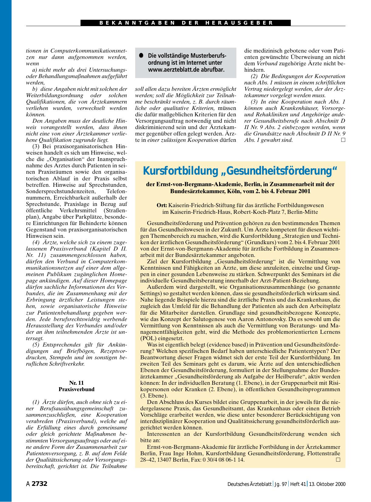 Vorschauseite 1: Kursfortbildung „Gesundheitsförderung“: der Ernst-von-Bergmann-Akademie, Berlin, in Zusammenarbeit mit der Bundesärztekammer, Köln, vom 2. bis 4. Februar 2001