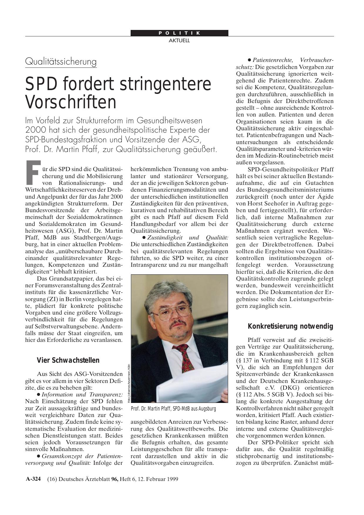 Vorschauseite 1: Qualitätssicherung: SPD fordert stringentere Vorschriften