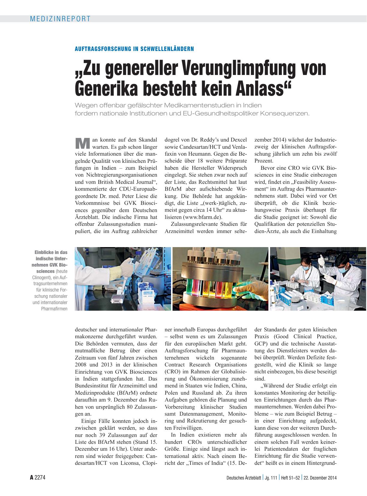 Vorschauseite 1: Auftragsforschung in Schwellenländern: „Zu genereller Verunglimpfung von Generika besteht kein Anlass“