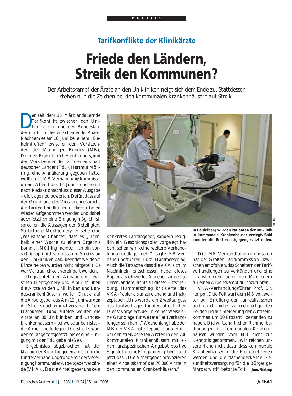 Vorschauseite 1: Tarifkonflikte der Klinikärzte: Friede den Ländern, Streik den Kommunen?