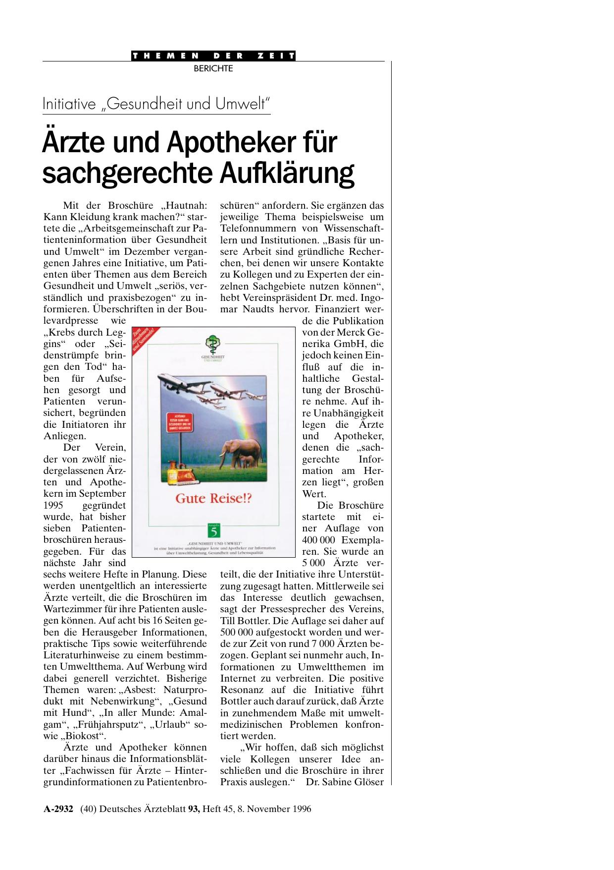 Vorschauseite 1: Initiative „Gesundheit und Umwelt“: Ärzte und Apotheker für sachgerechte Aufklärung