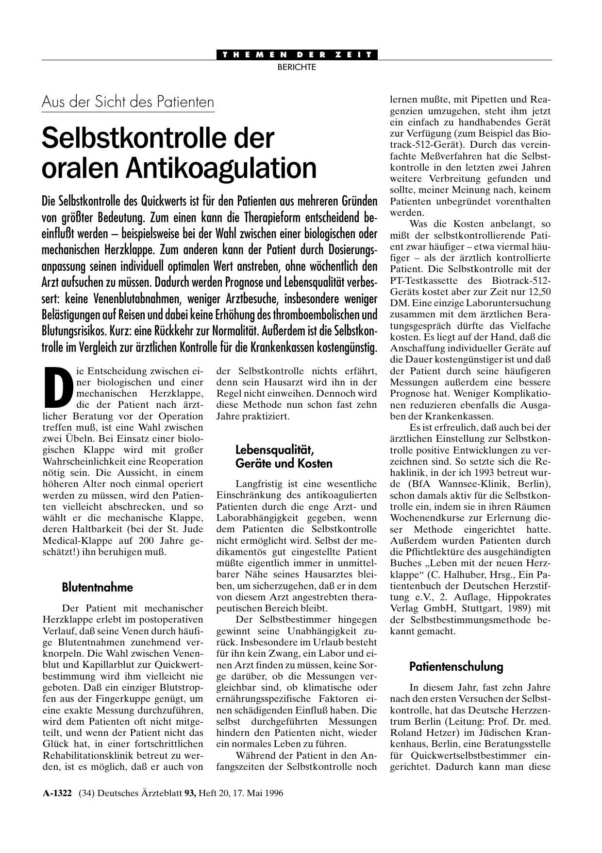 Vorschauseite 1: Aus der Sicht des Patienten: Selbstkontrolle der oralen Antikoagulation