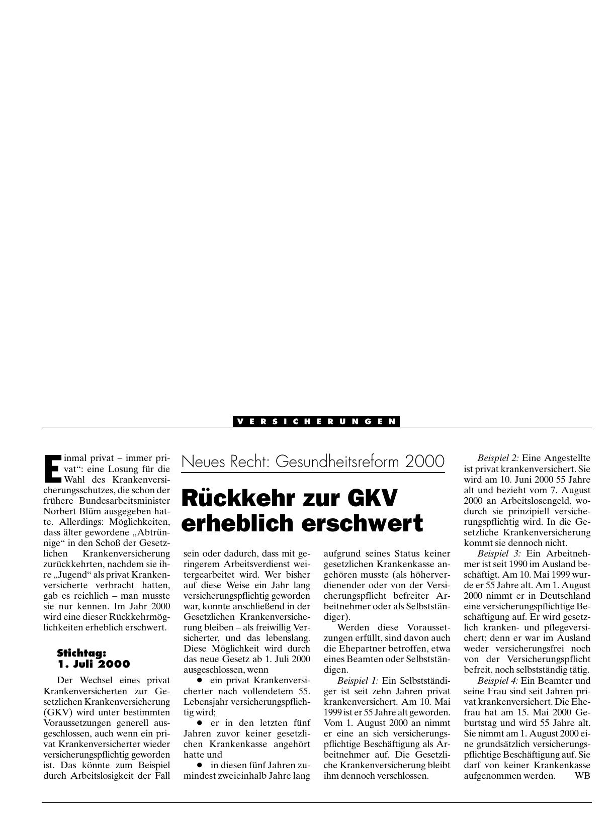 Vorschauseite 1: Neues Recht – Gesundheitsreform 2000: Rückkehr zur GKV erheblich erschwert