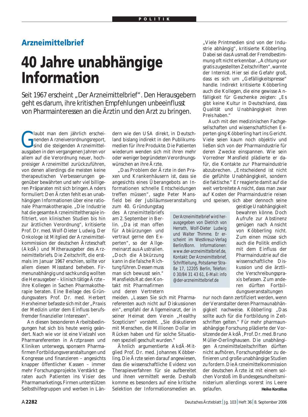 Vorschauseite 1: Arzneimittelbrief: 40 Jahre unabhängige Information