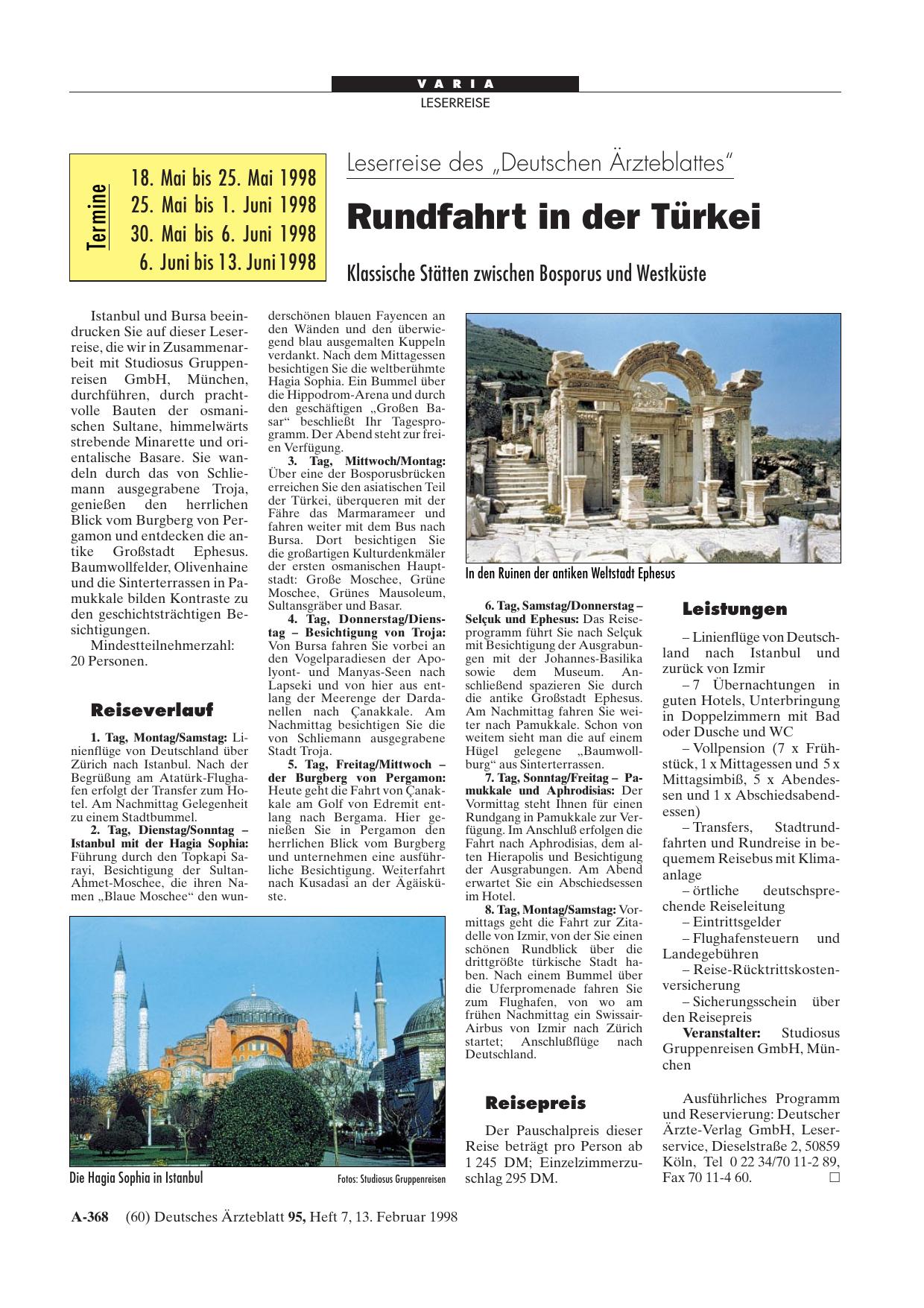 Vorschauseite 1: Leserreise des „Deutschen Ärzteblattes“: Rundfahrt in der Türkei Klassische Stätten zwischen Bosporus und Westküste