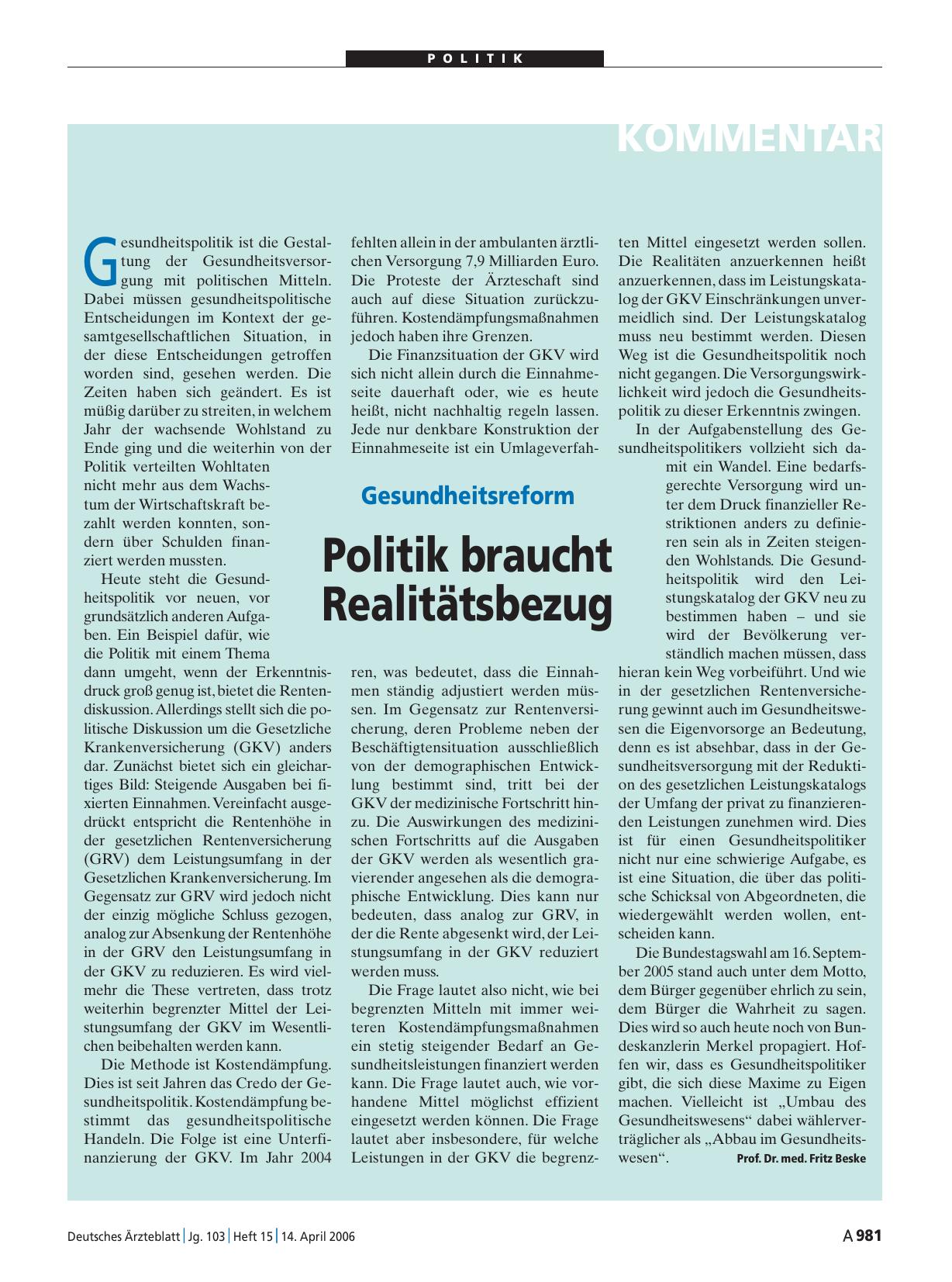 Vorschauseite 1: Gesundheitsreform: Politik braucht Realitätsbezug