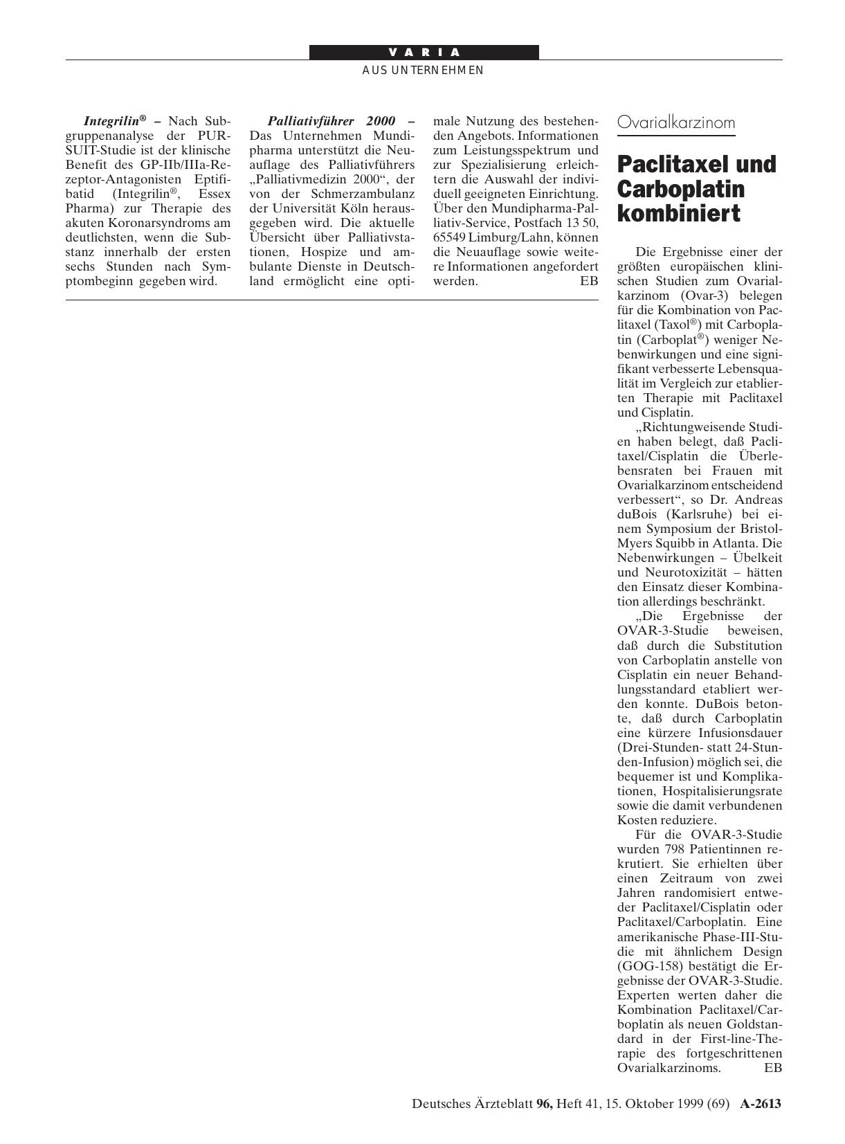 Vorschauseite 1: Ovarialkarzinom: Paclitaxel und Carboplatin kombiniert