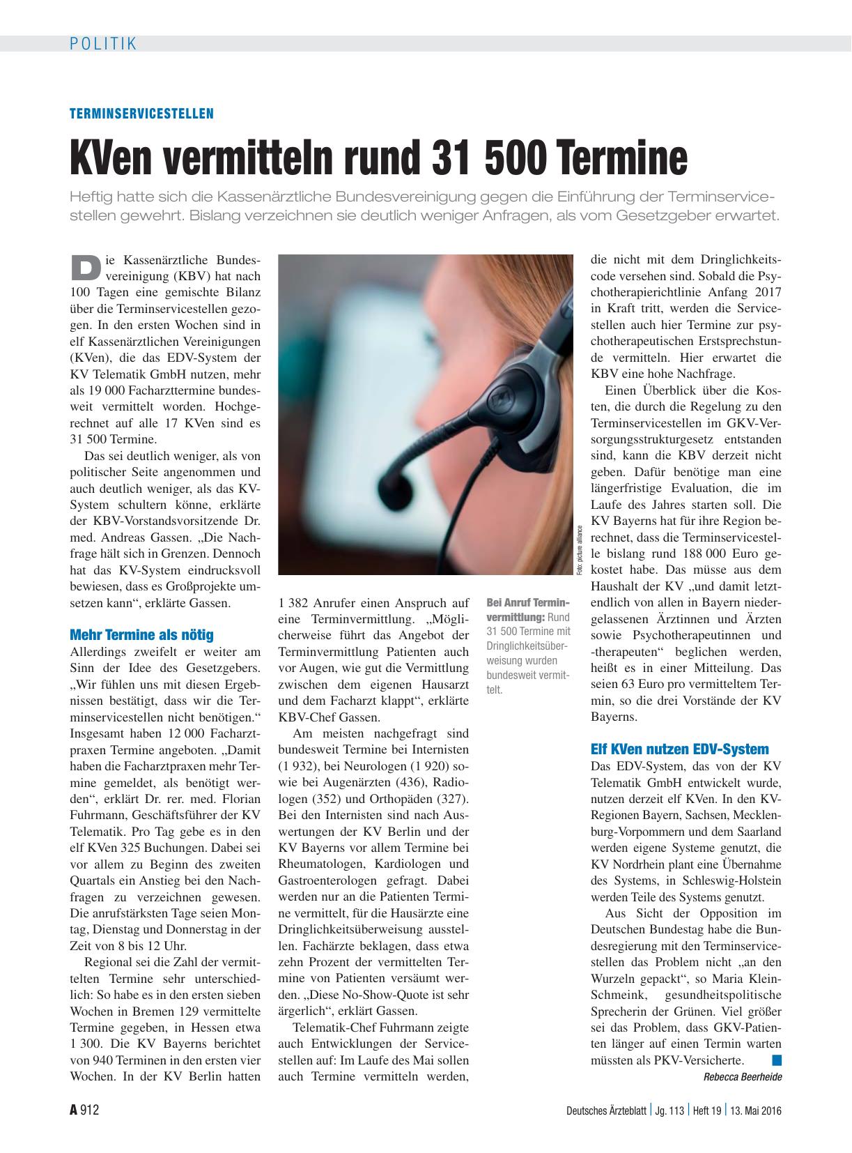 Vorschauseite 1: Terminservicestellen: KVen vermitteln rund 31 500 Termine