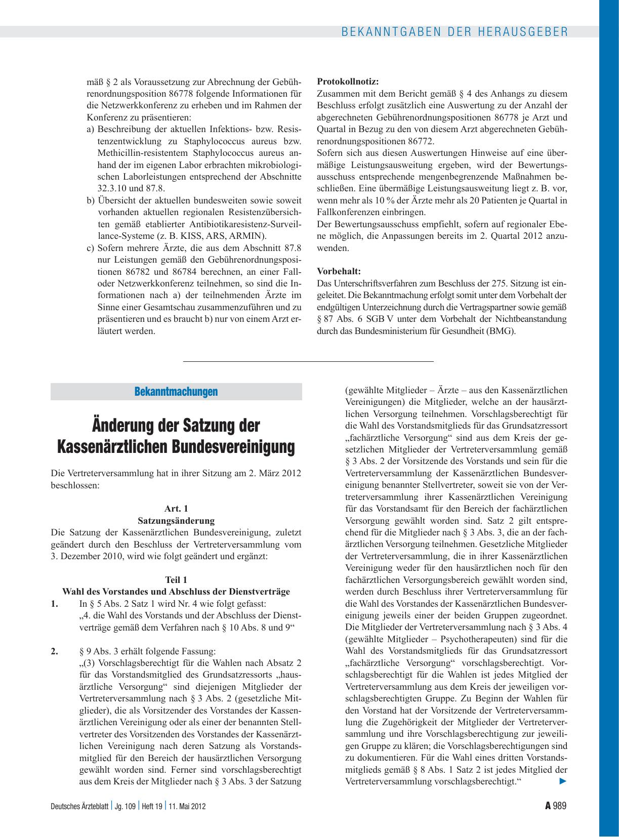 Vorschauseite 1: Änderung der Satzung der Kassenärztlichen Bundesvereinigung
