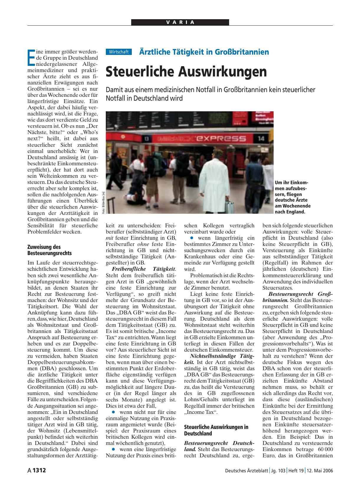 Vorschauseite 1: Ärztliche Tätigkeit in Großbritannien: Steuerliche Auswirkungen