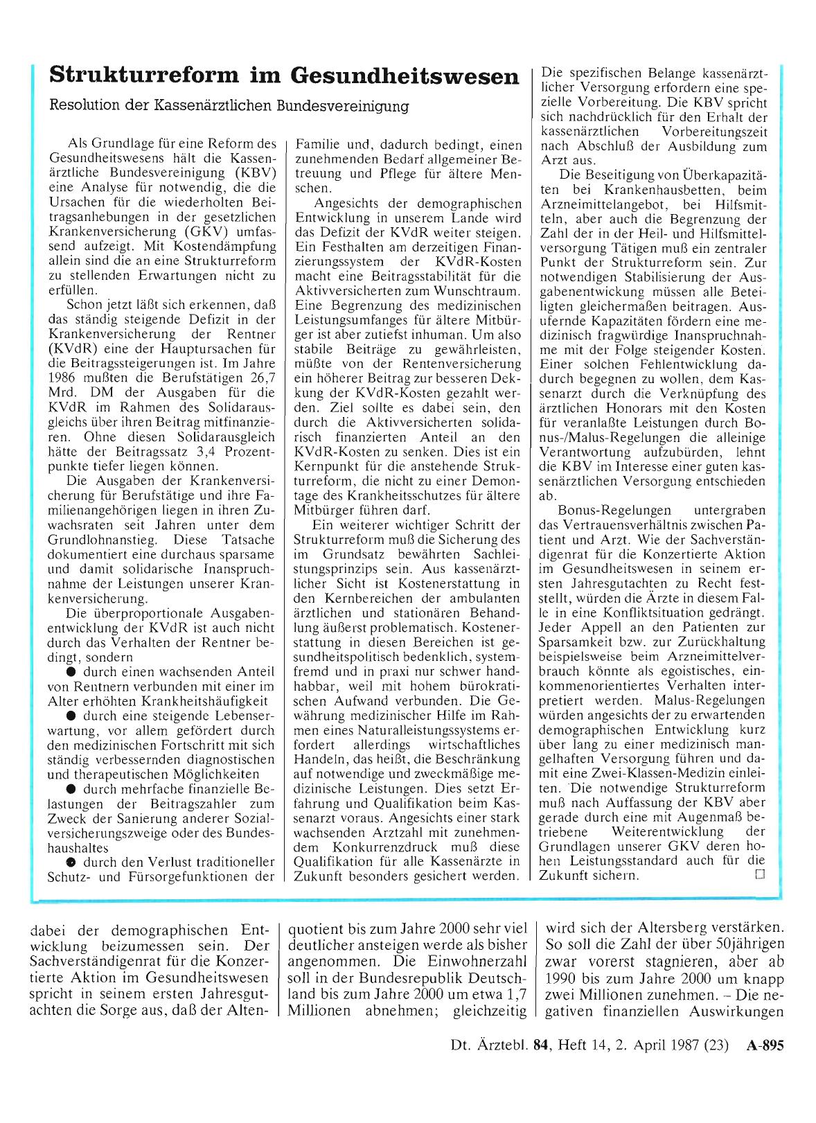 Vorschauseite 1: Strukturreform im Gesundheitswesen - Resolution der Kassenärztlichen Bundesvereinigung