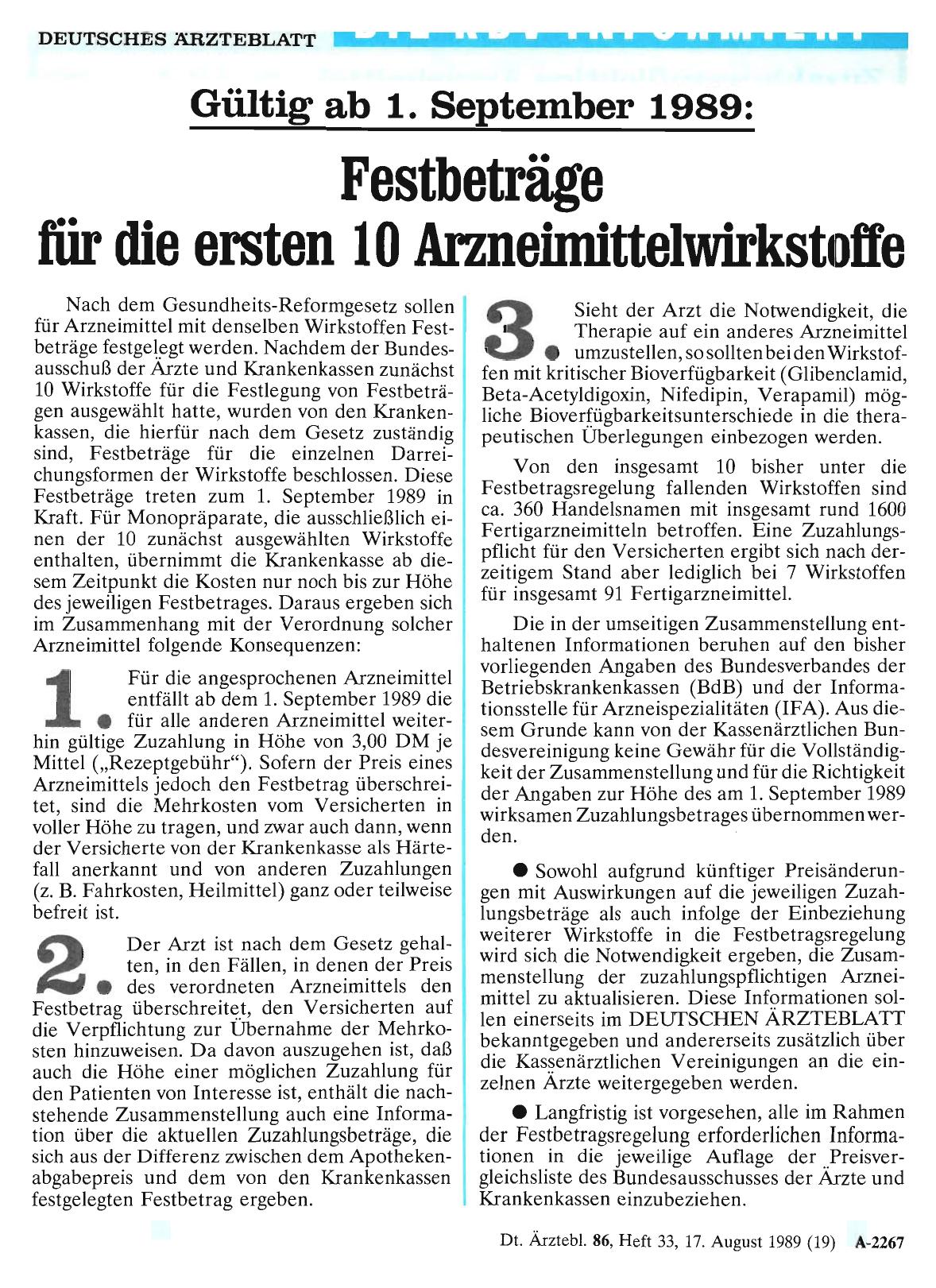 Vorschauseite 1: Gültig ab 1. September 1989: Festbeträge für die ersten 10 Arzneimittelwirkstoffe
