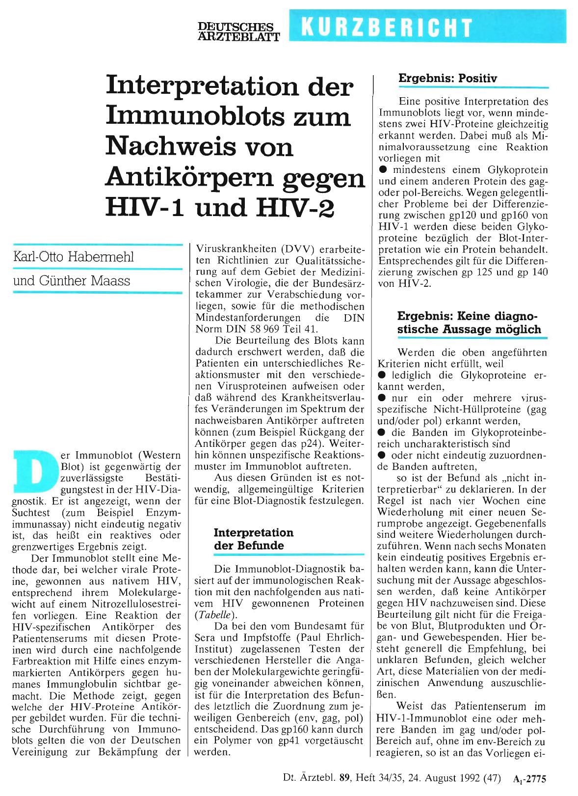 Vorschauseite 1: Interpretation der Immunoblots zum Nachweis von Antikörpern gegen HIV-1 und HIV-2