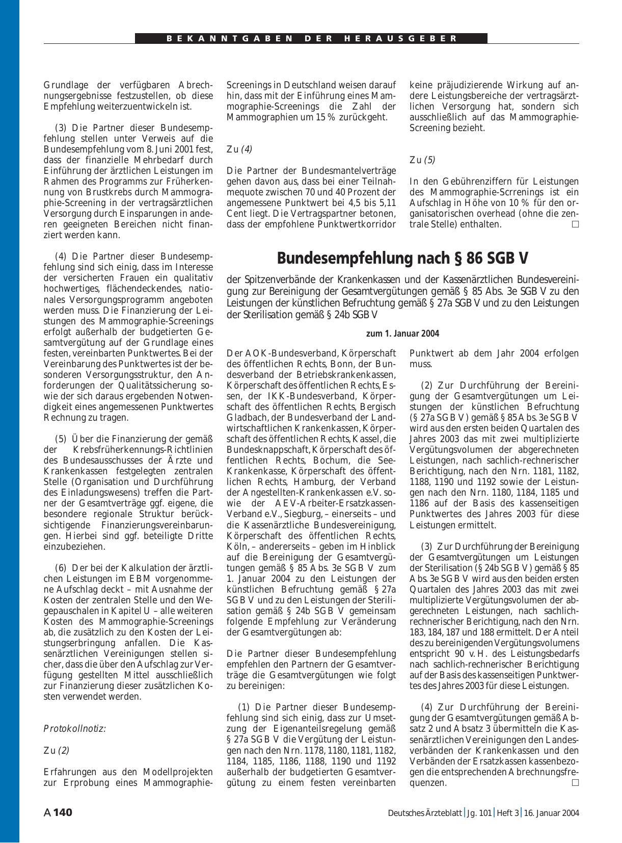 Vorschauseite 1: Bundesempfehlung nach § 86 SGB V zur Bereinigung der Gesamtvergütungen gemäß § 85 Abs. 3e SGB V zu den Leistungen der künstlichen Befruchtung gemäß § 27a SGB V und zu den Leistung…