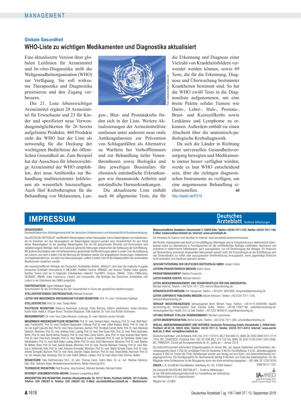 Vorschauseite 1: Globale Gesundheit: WHO-Liste zu wichtigen Medikamenten und Diagnostika aktualisiert