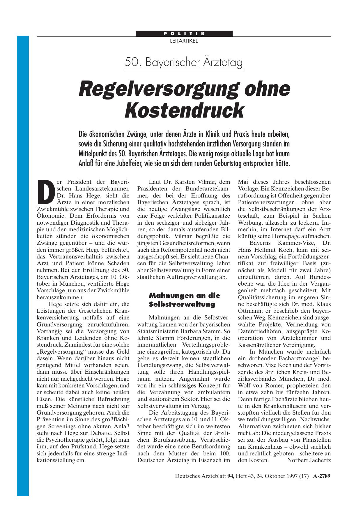Vorschauseite 1: 50. Bayerischer Ärztetag: Regelversorgung ohne Kostendruck