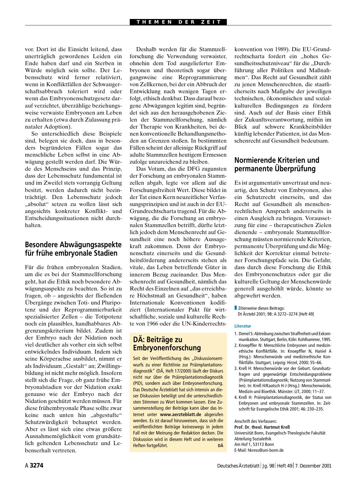 Vorschauseite 1: DÄ: Beiträge zu Embryonenforschung