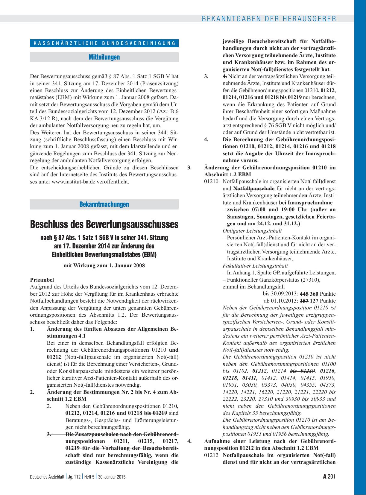 Vorschauseite 1: Beschluss des Bewertungsausschusses nach § 87 Abs. 1 Satz 1 SGB V in seiner 341. Sitzung am 17. Dezember 2014 zur Änderung des Einheitlichen Bewertungsmaßstabes (EBM)