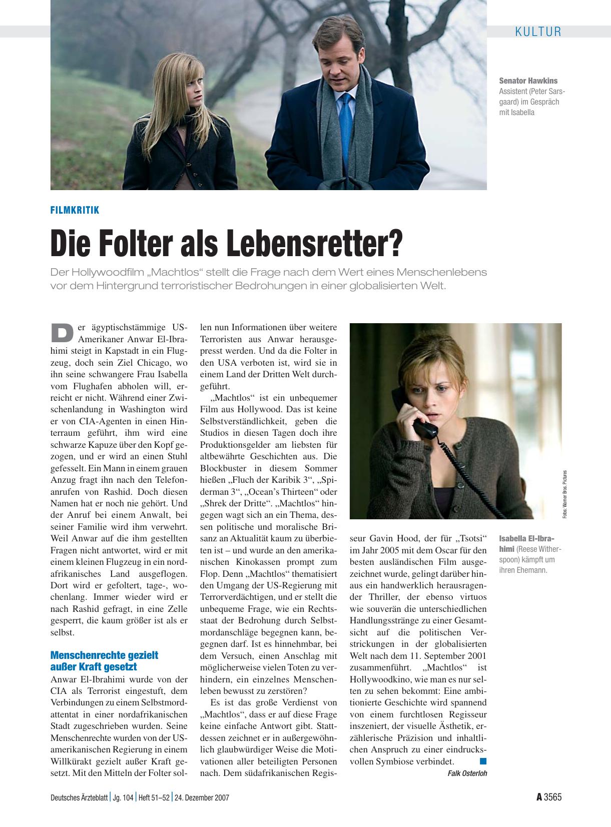 Vorschauseite 1: Filmkritik: Die Folter als Lebensretter?