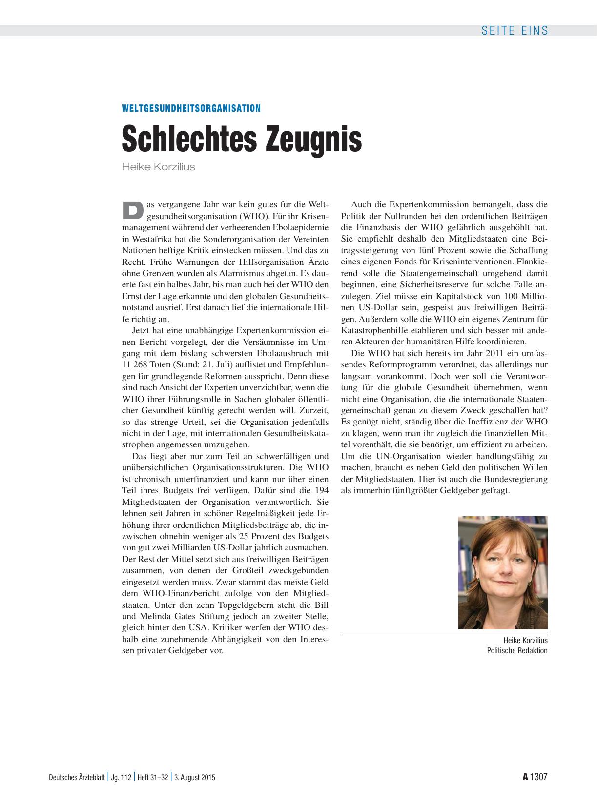 Vorschauseite 1: Weltgesundheitsorganisation: Schlechtes Zeugnis