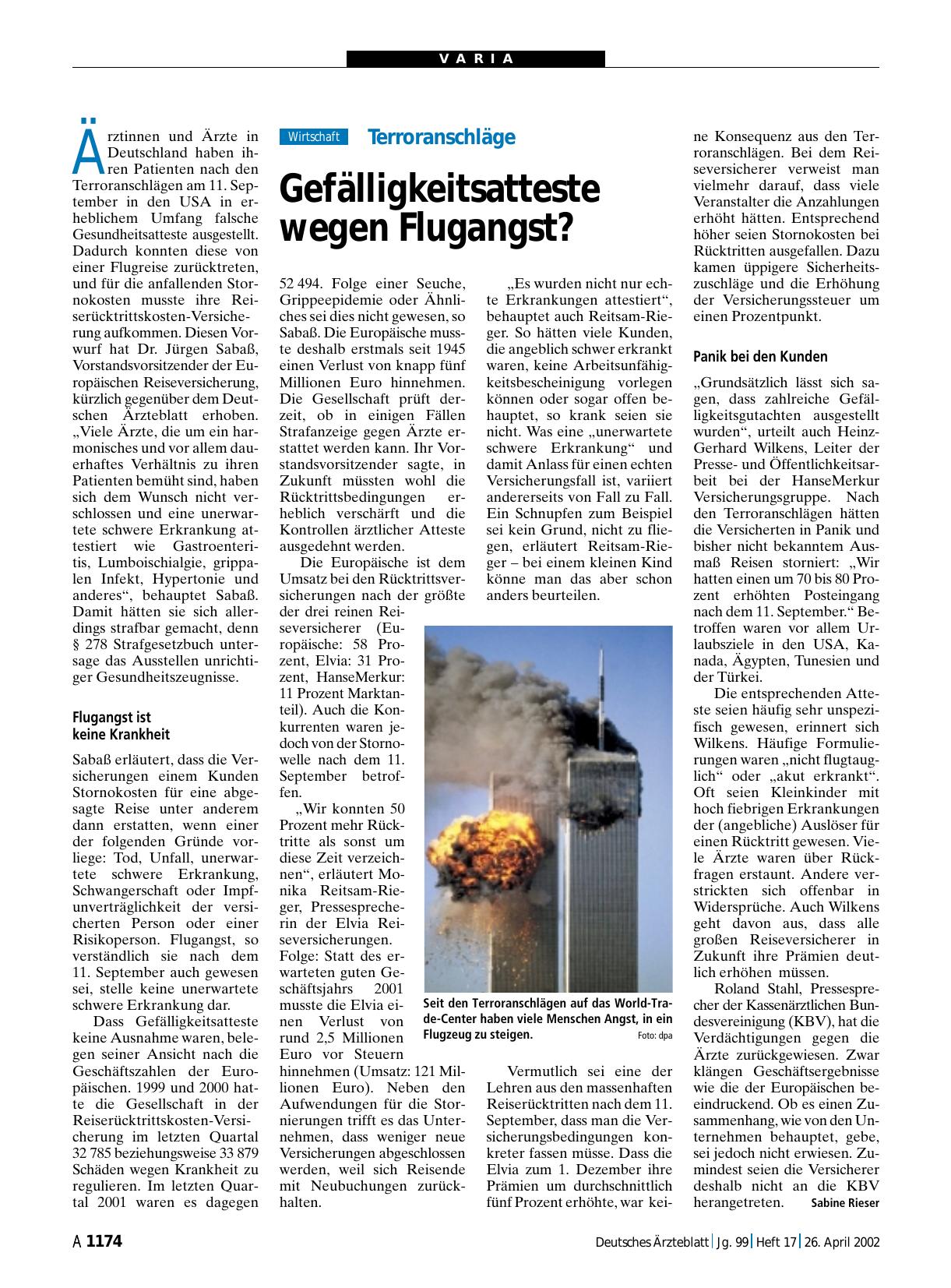 Vorschauseite 1: Terroranschläge: Gefälligkeitsatteste wegen Flugangst?
