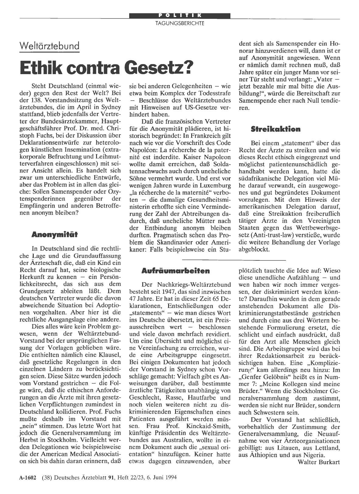Vorschauseite 1: Weltärztebund: Ethik contra Gesetz?