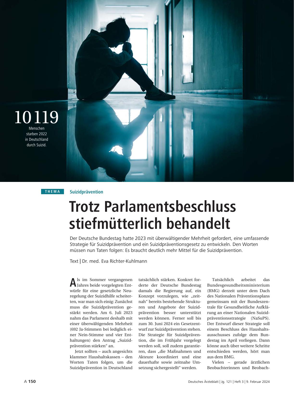 Vorschauseite 1: Suizidprävention: Trotz Parlamentsbeschluss stiefmütterlich behandelt