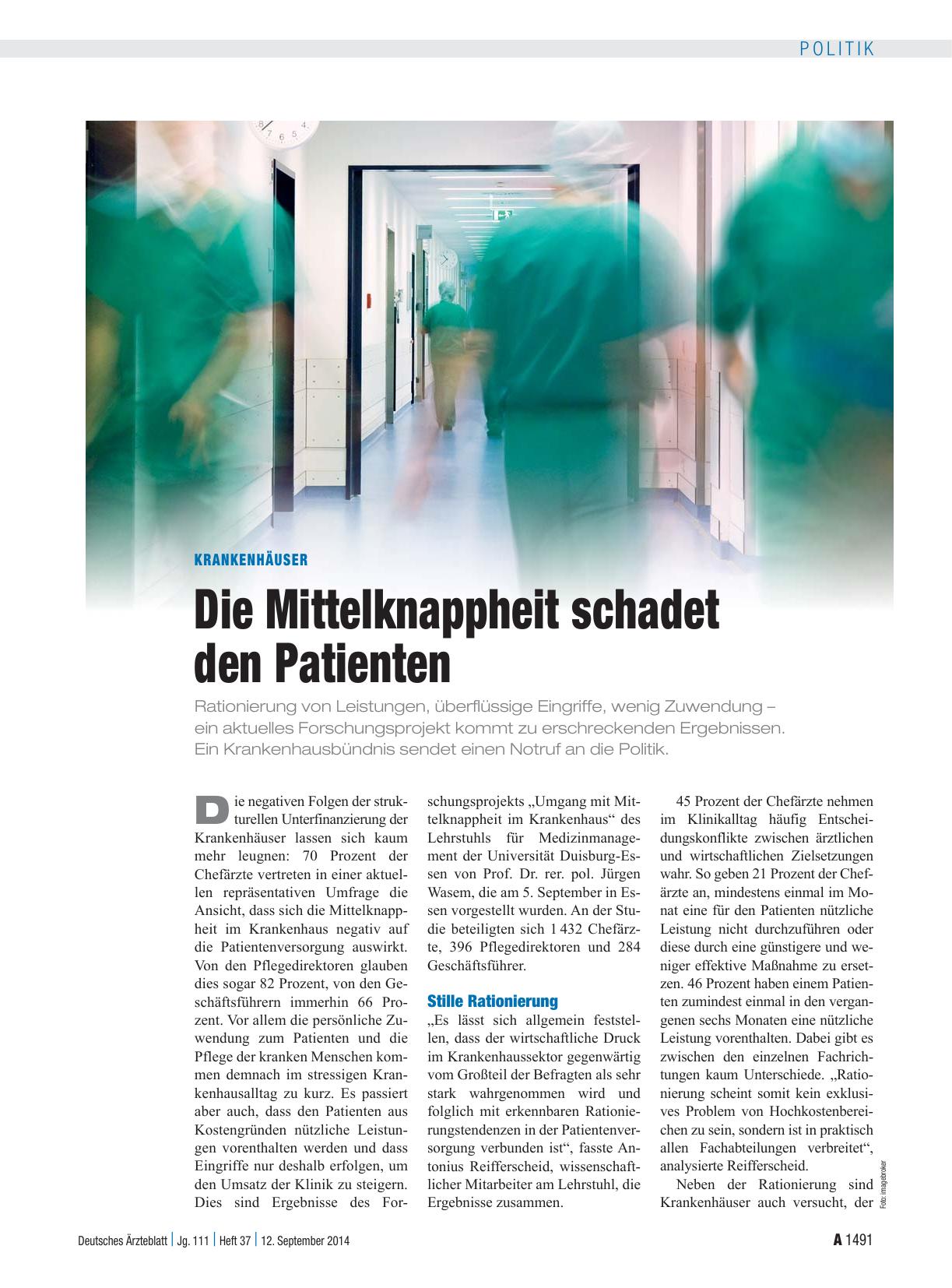 Vorschauseite 1: Krankenhäuser: Die Mittelknappheit schadet den Patienten