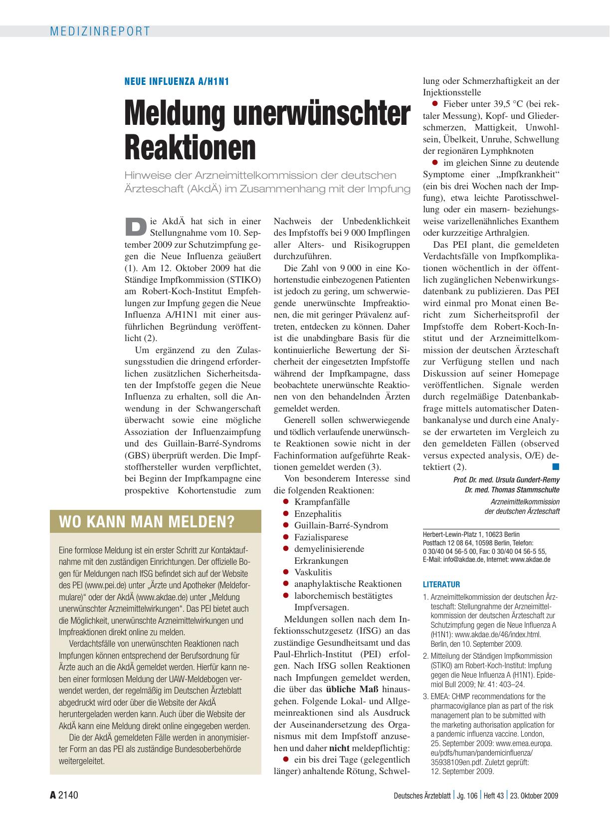 Vorschauseite 1: Neue Influenza A/H1N1: Meldung unerwünschter Reaktionen