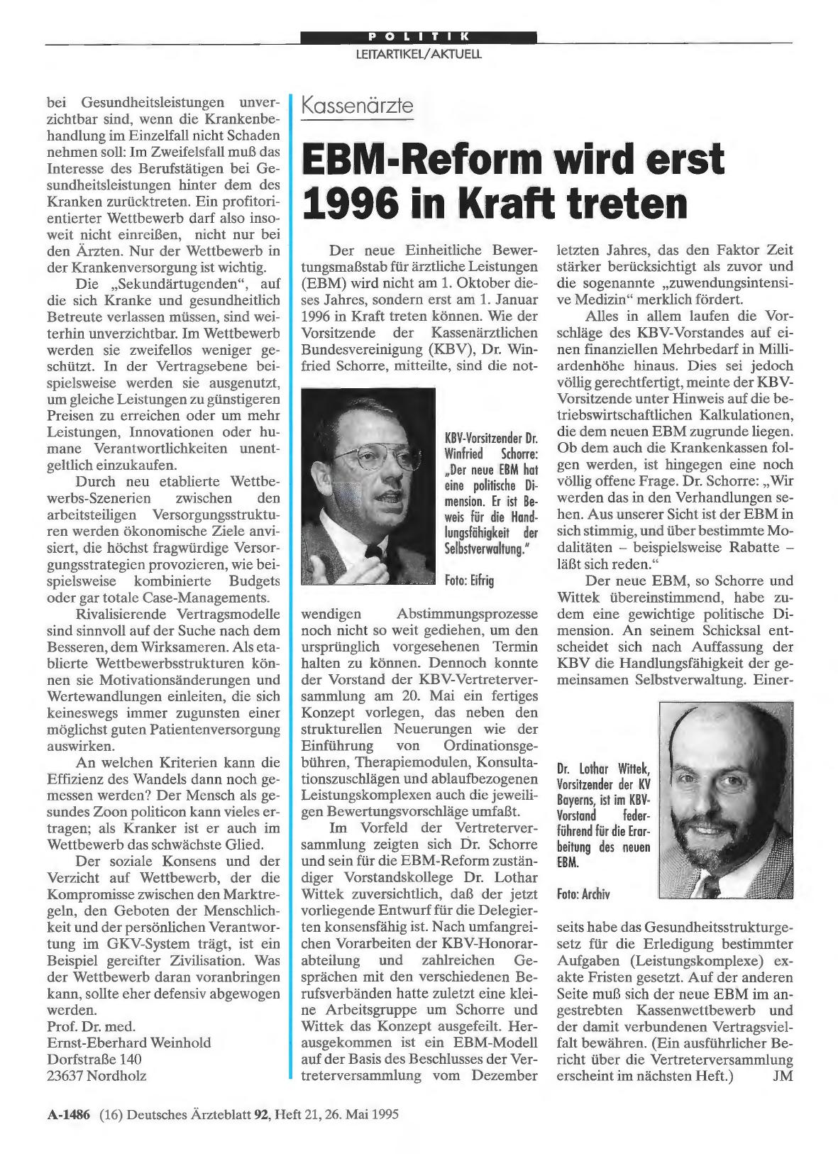 Vorschauseite 1: Kassenärzte: EBM-Reform wird erst 1996 in Kraft treten