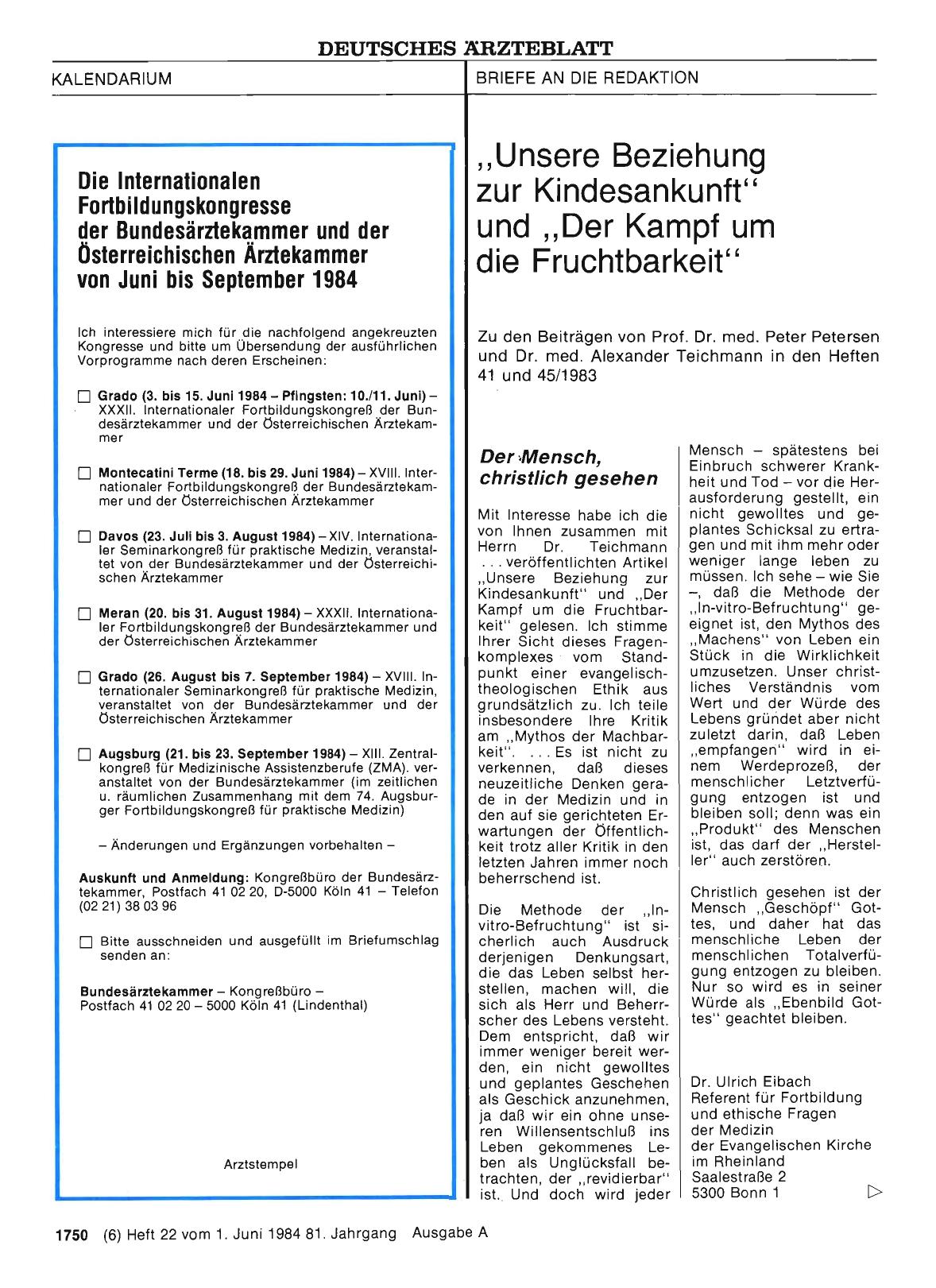 Vorschauseite 1: Die Internationalen Fortbildungskongresse der Bundesärztekammer und der Österreichischen Ärztekammer von Juni bis September 1984
