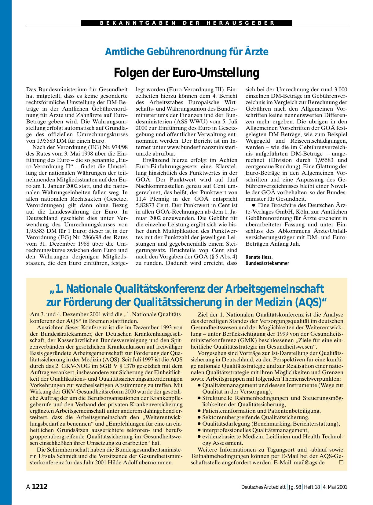 Vorschauseite 1: Amtliche Gebührenordnung für Ärzte: Folgen der Euro-Umstellung